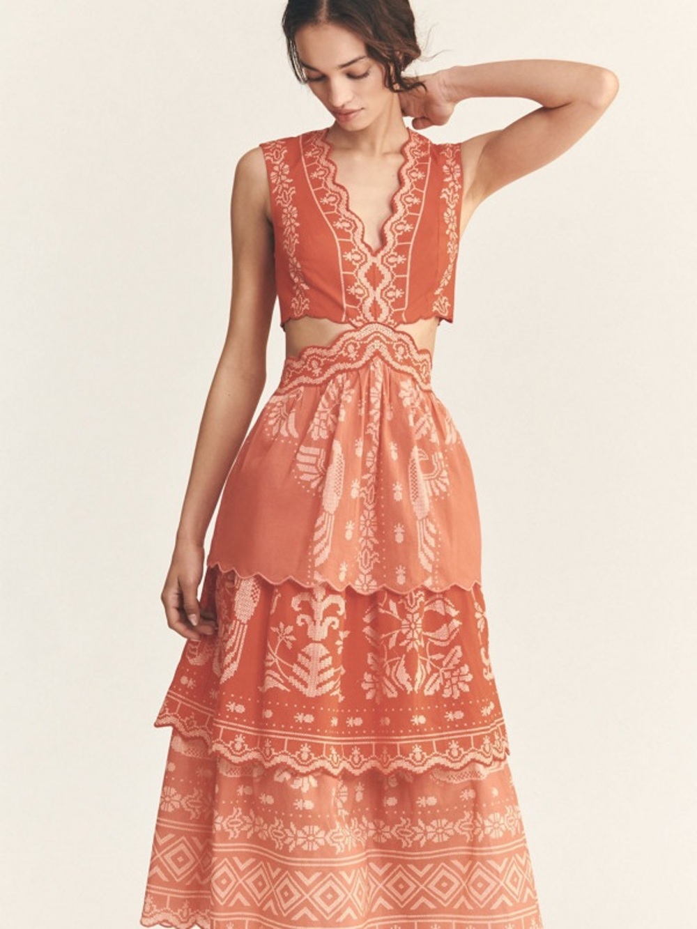 FARM Rio Coral Embroidered Midi Cotton Dress